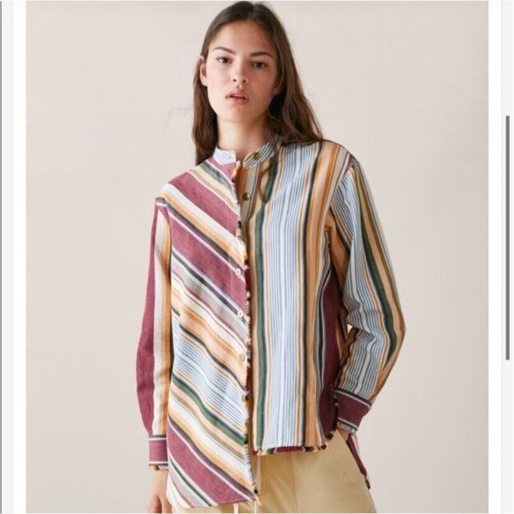Zara Studio Women’s Shirt Size M Long Sleeve Linen Blend Striped Limited Edition